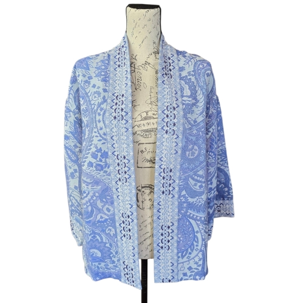 Soft Surroundings Blue White Bead Embellished 3/4 Sleeve Cardigan Jacket M